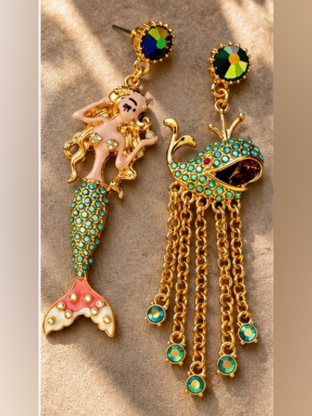 Asymmetrical Mermaid Whale Crystal Earrings Luxury Resort Statement Jewelry